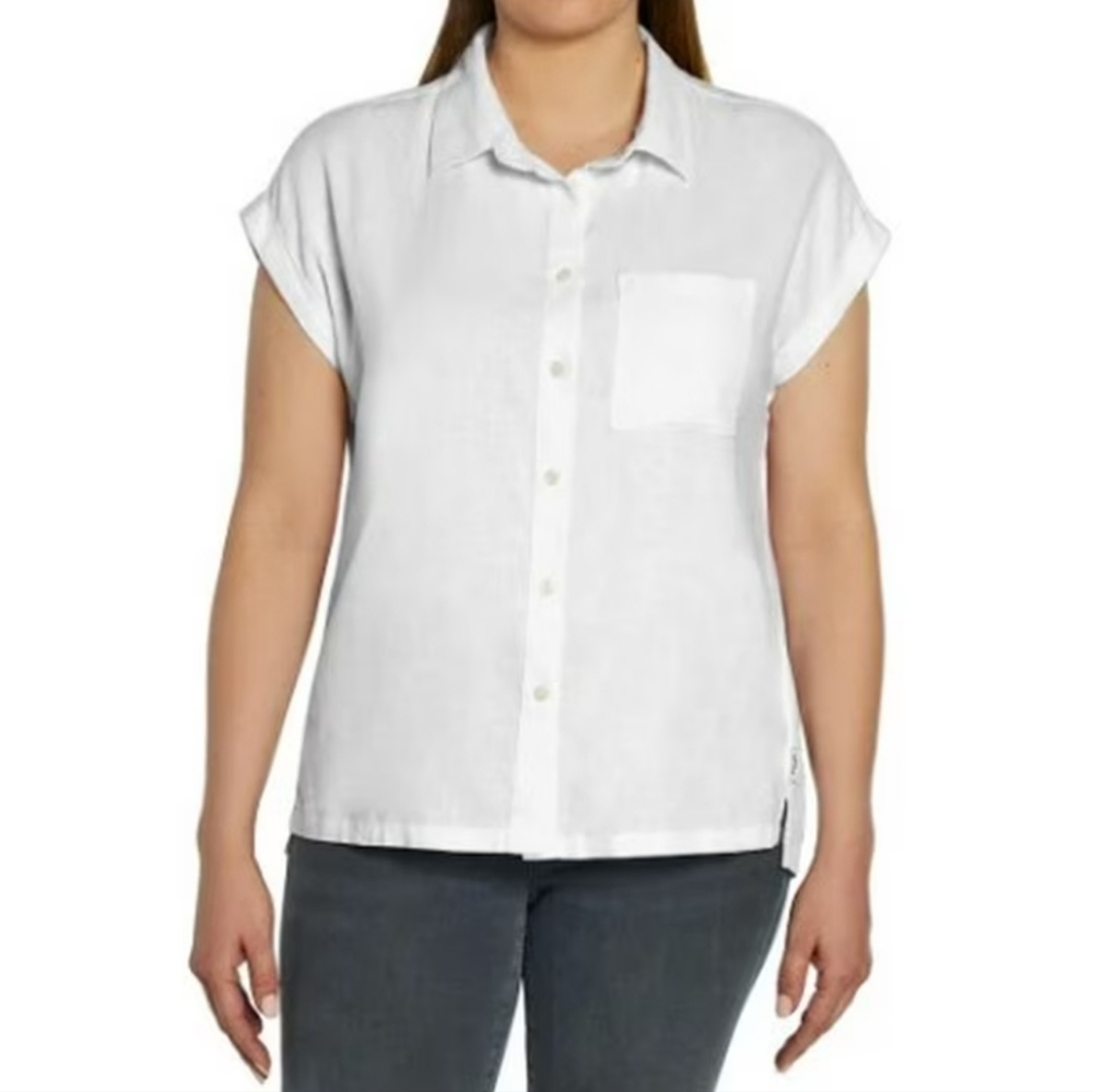 Orvis White Linen Blend Boxy Button Front Short Sleeve Top